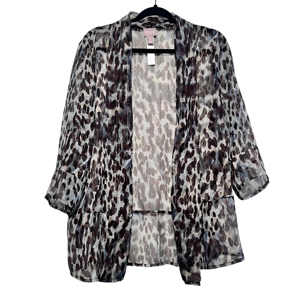Chico's Cardigan Womens Leopard Print Metallic Sheer Open Front Kimono Size 2/ L
